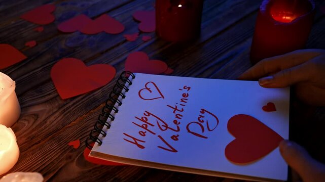 Close up of wooden table with lighted candles red paper hearts scattered on, woman kissing notebook page with text happy valentines day, leaving lipstick print.