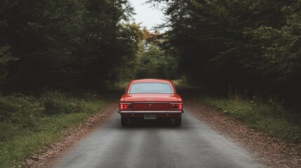 Fototapeta premium A classic red car driving down a serene forest road surrounded by lush greenery