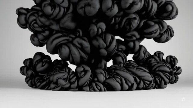Inky black swirling smoke falling to the ground against a white background