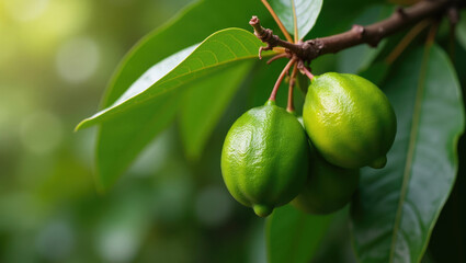 Lush Green Lemons Ripening on Tree Branch in Sunlight