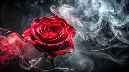 rose wrapped in red smoke swirl on black background, drama, red, drama, red, elegance, mystique, dark background, romance, seduction