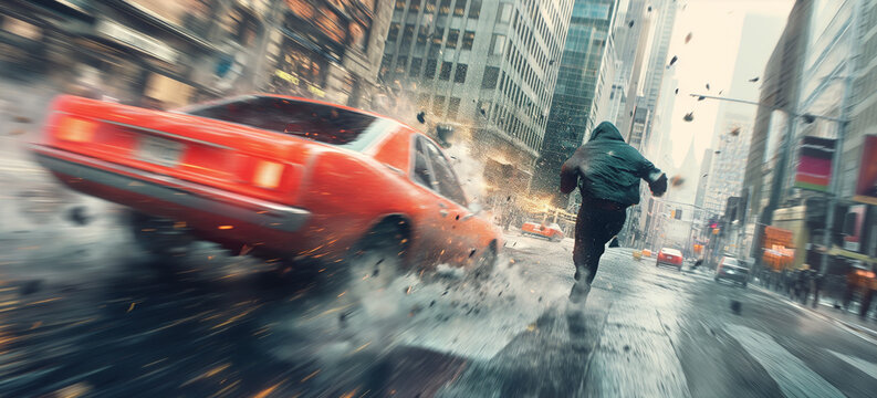 Action shot with man running away. Dynamic scene with car in action movie blockbuster style.