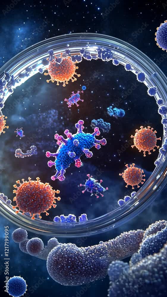 Poster exploration of microscopic viruses within a cellular environment showcasing intricate details and vi