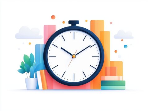 A colorful illustration featuring a clock, symbolizing time management and productivity against a backdrop of abstract shapes and greenery.