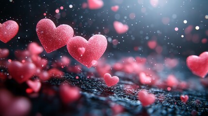 A vibrant bokeh effect with glowing heart shapes, symbolizing love and romance. Perfect for Valentine's Day, wedding designs, and romantic artistic visuals.