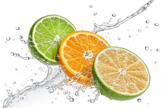 Orange and lemon cuts in water splash. Lemon and orange splash isolated on white background