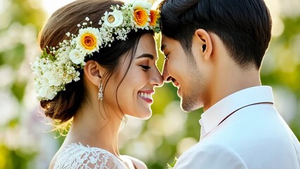 Romantic Couple's Embrace: A bride adorned with a delicate flower crown and her groom share an intimate moment, their foreheads gently touching, eyes closed in blissful serenity.