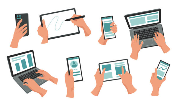 Phone in hand. Man holding digital tablet. Laptop keyboard. Mockup of smartphone. Computer screen. Smart mobile technology. Electronic cellphone. Gadget in arm palm. Vector tidy cartoon devices set