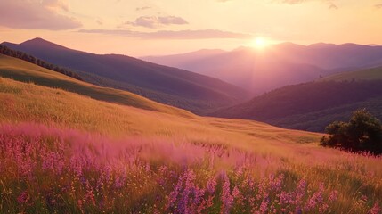 Stunning Sunset with Soft Pink and Purple Tones Over Rolling Hills