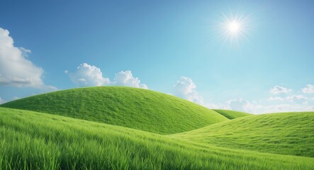 Obraz premium Lush Green Grassy Hill Under Clear Blue Sky with Puffy White Clouds.