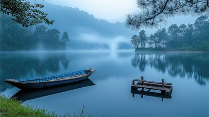 Obraz premium Serene morning mist over calm lake with boat and dock