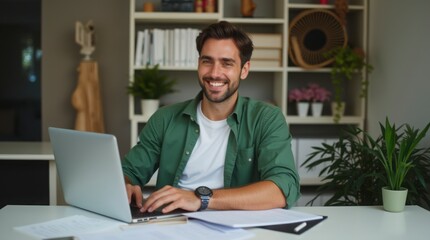 Smiling Young Man Working on Laptop in a Modern Home Office

Remote Work Success – Happy Freelancer Using a Laptop

Productivity and Digital Business – Confident Man at Work