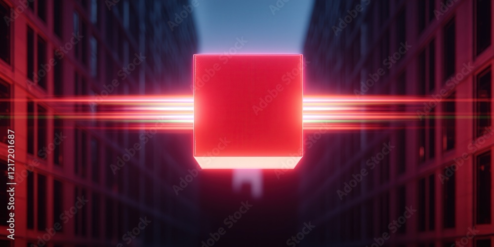 Poster peak energy demand concept. a glowing red cube floats between dark buildings, creating a futuristic 