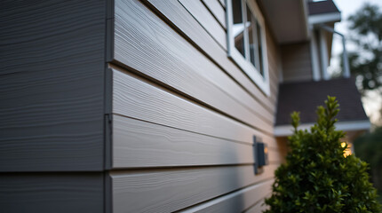 Obraz premium Modern House Exterior with Grey Wood Siding: Architectural Design and Real Estate Photography