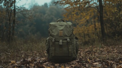 Fototapeta premium A solitary green backpack sits on a forest floor covered in autumn leaves, surrounded by trees