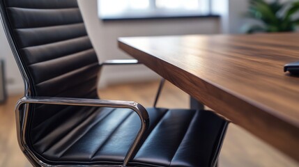 Fototapeta premium Wooden Desk with Black Leather Chair
