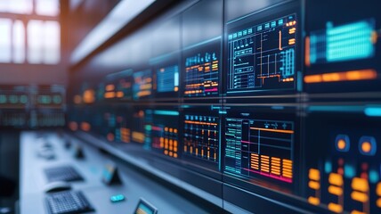 Naklejka premium peak energy demand concept. High-tech control panel with data visualizations and glowing screens in a modern workspace.