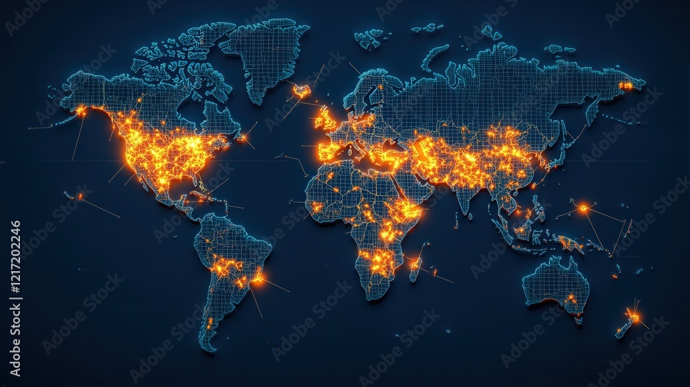 Poster peak energy demand concept. visual representation of a world map with glowing hotspots indicating ac