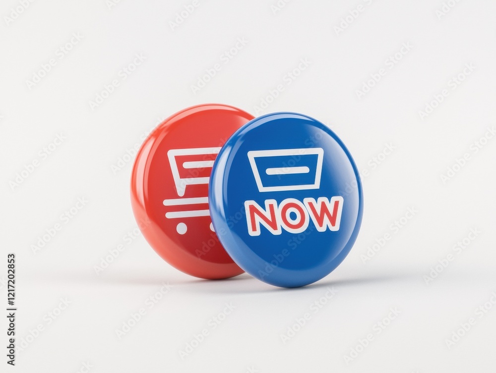 Poster colorful buttons depicting shopping cart icons and 'now' text emphasize urgency and encourage online