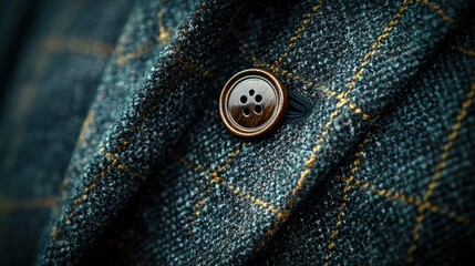 Wooden button on blue plaid shirt, close-up, folds, outdoor light