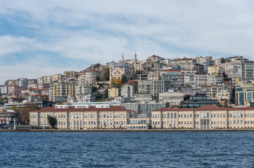 Panorama on the shore of the Bosphorus near Kabatash pier on a sunny day