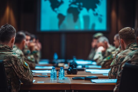 A gathering of military personnel in a conference room. Engage in strategic discussions. Analyze global situations together. Generative AI