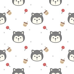 Face Siberian husky cartoon so cute. On drinks lollipop white background. Pattern seamless vector illustration. 
