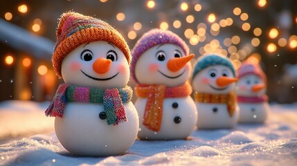 A cheerful lineup of five snowmen,