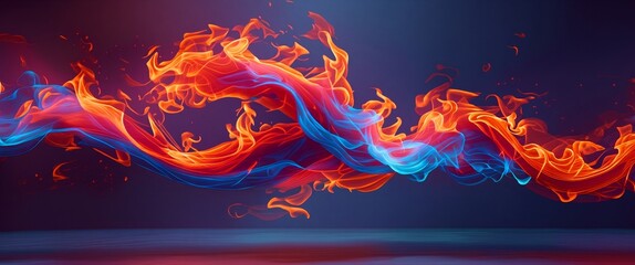 Abstract background featuring a dynamic swirl of red and blue fiery flames on a dark backdrop