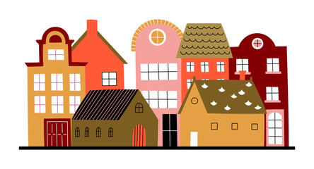 City street. Cute tiny houses. Childish nursery decor, residential building with roof and windows. Real estate icons. Unban architecture. Simple cityscape. Vector cartoon flat isolated illustration
