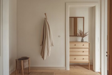 Minimalist hallway with light wood dresser, linen robe, and natural decor.