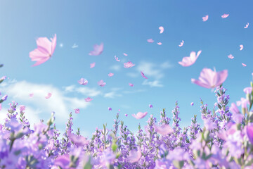 Photography of lavender flowers with their petals moved by the wind against a blue sky background.