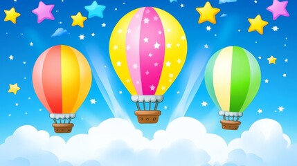 Naklejka premium Three Colorful Hot Air Balloons Ascending Amidst Sparkling Stars and Clouds