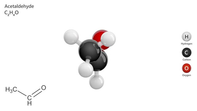 Acetaldehyde or Ethanal. Animated 3D model of a molecule. Molecular formula: C2H4O. Chemical model: Ball and sticks. White background. 3D rendering. Seamless loop.