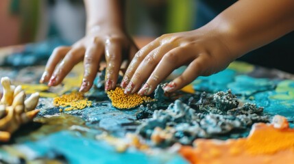 Hands engaged in colorful artistic play with textured materials.