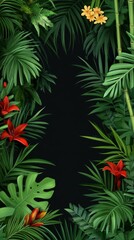 Lush Tropical Foliage Frame with Dark Center and Vibrant Flowers