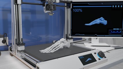 3D printing of a human foot model for creating prosthetics. 3d illustration