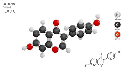 Molecule: Daidzein. Molecular structure. Formula: C15H10O4. Chemical model: Ball and stick. White background. 3D illustration.