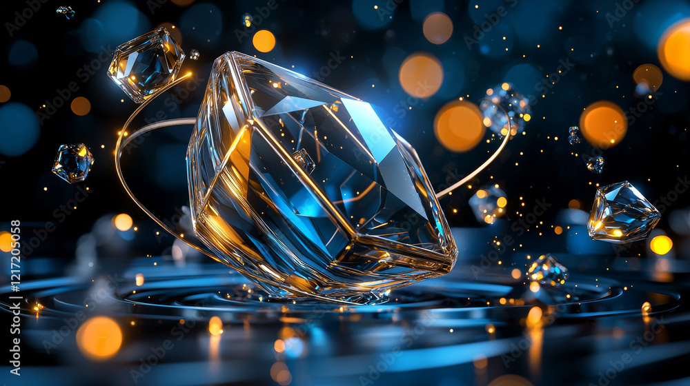 Poster glowing crystal gemstone spinning in dynamic motion abstract digital art vivid colors high-tech envi