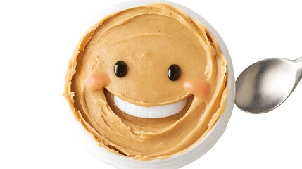Cheerful Cartoon Peanut Butter Character Holding a Spoon with a Big Smile, Perfect for Playful Food Imagery or Children’s Products and Marketing Campaigns