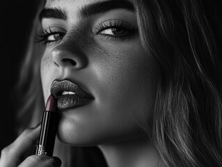 Obraz premium Woman applies lipstick