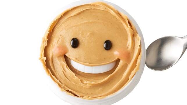 Cheerful Cartoon Peanut Butter Character Holding a Spoon with a Big Smile, Perfect for Playful Food Imagery or Children’s Products and Marketing Campaigns - Powered by Adobe