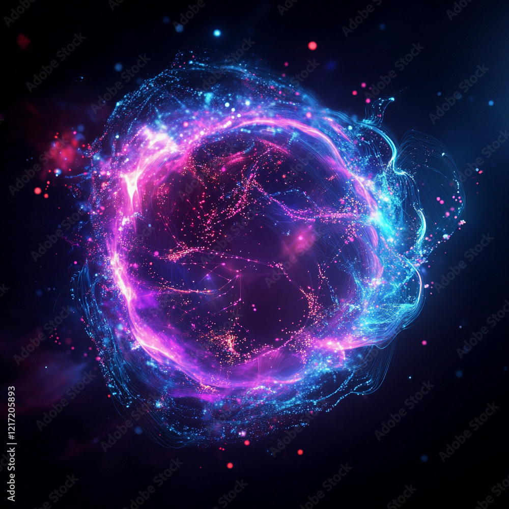 Poster glowing spherical particle effect illuminated in vibrant colors creating a cosmic atmosphere suitabl