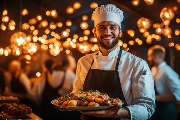 A confident chef presenting a beautifully cooked meal to a group of diners, their expression glowing with pride