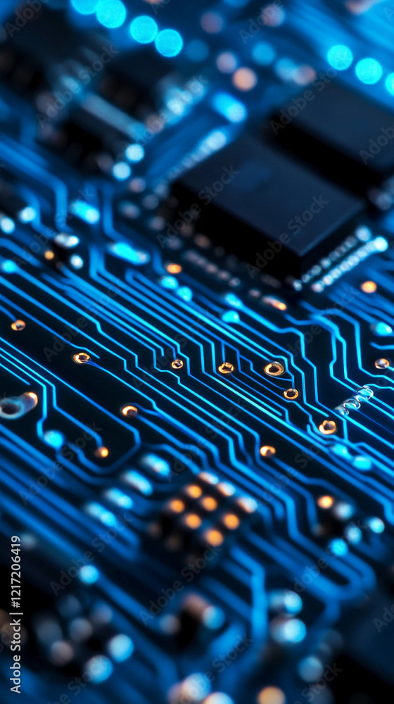 Poster electronic abstraction showcasing intricate circuitry with glowing blue lines and metallic component
