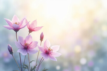 Obraz premium Hand drawn minimalistic illustration of delicate purple flowers on a blurred light background with copy space