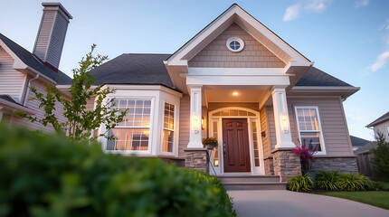 Obraz premium Luxury House Exterior at Dusk: Modern Home Design and Architecture. Real Estate Property