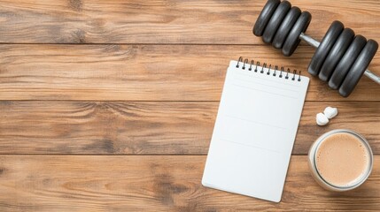 Fitness Lifestyle Inspiration with Notebook, Dumbbell, and Coffee