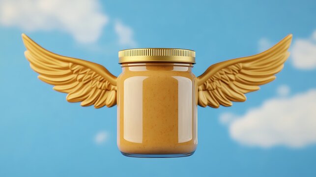 A whimsical jar of peanut butter with golden wings soaring through a bright blue sky, embodying the spirit of creativity and imagination in every scoop. - Powered by Adobe