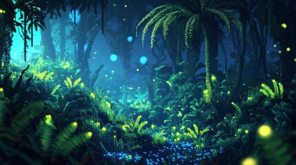 Fototapeta premium A digital painting of a jungle scene with a river and glowing plants.